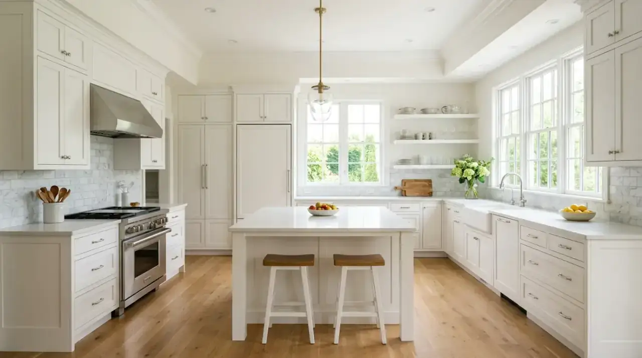 Bright white kitchen design with timeless classic style and airy warmth.