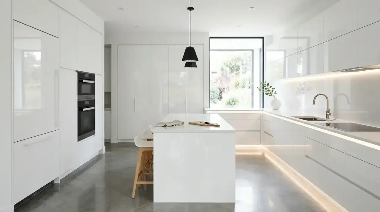 White kitchen with wood accents. Natural materials helping a bright kitchen feel softer and more layered.