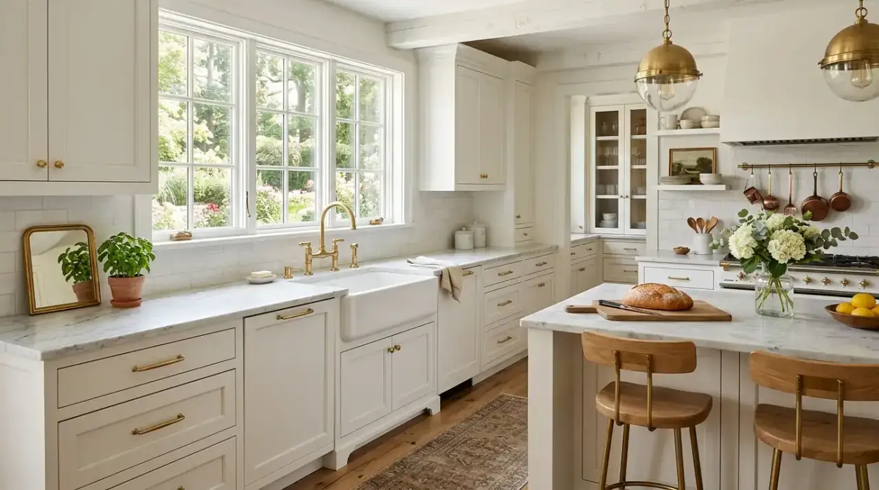 Textured white kitchen backsplash. Light-catching backsplash detail adding depth to a bright classic kitchen.