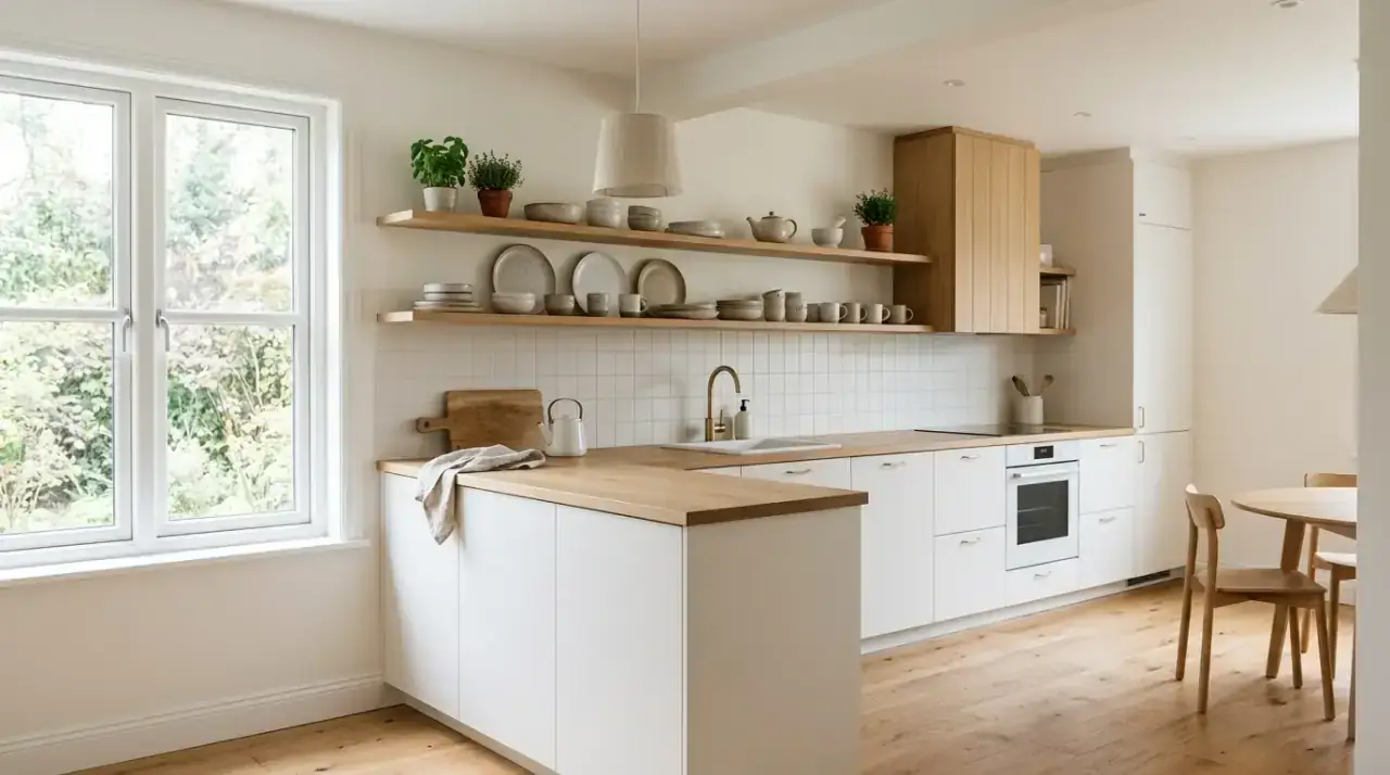 White kitchen with brass hardware. Warm metal accents elevating a bright kitchen without disturbing its classic simplicity.