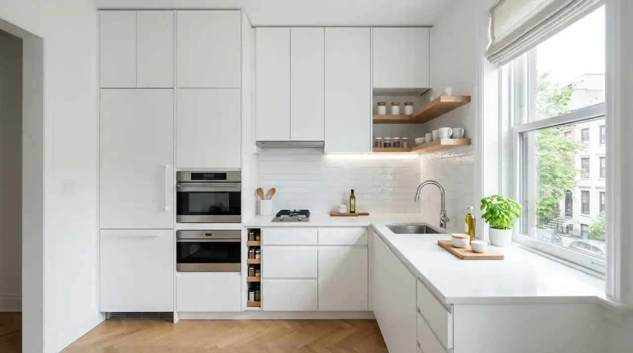 White kitchen island with stools. Warm seating helping a bright island feel more social and welcoming.