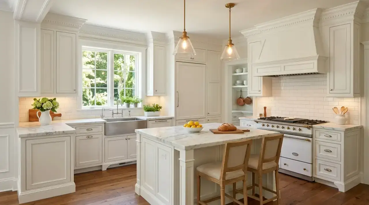 Glass cabinets in white kitchen. Lighter upper storage reinforcing the airy and classic feel of the kitchen.