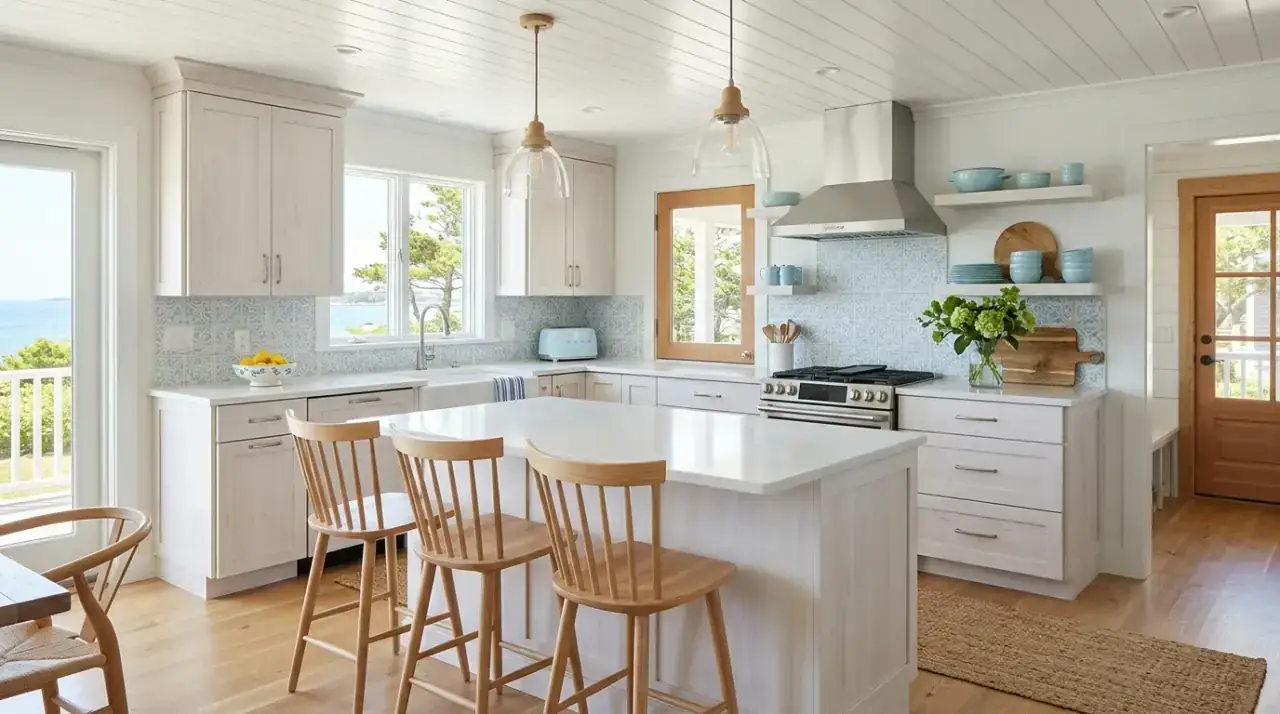 Warm lighting in white kitchen. Better lighting helping a bright kitchen feel warmer and more welcoming.