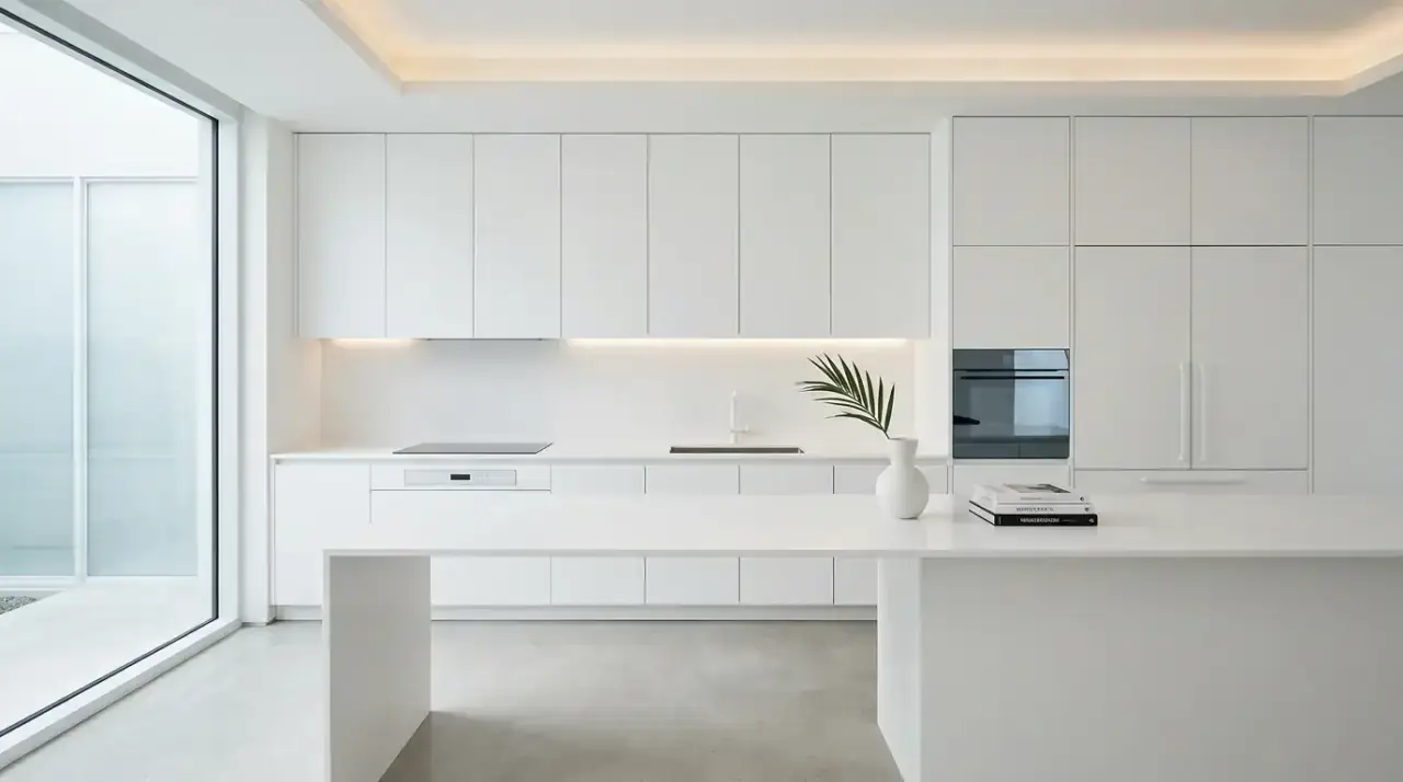 White kitchen stone counters. Light veined surfaces adding quiet depth to a classic bright kitchen.