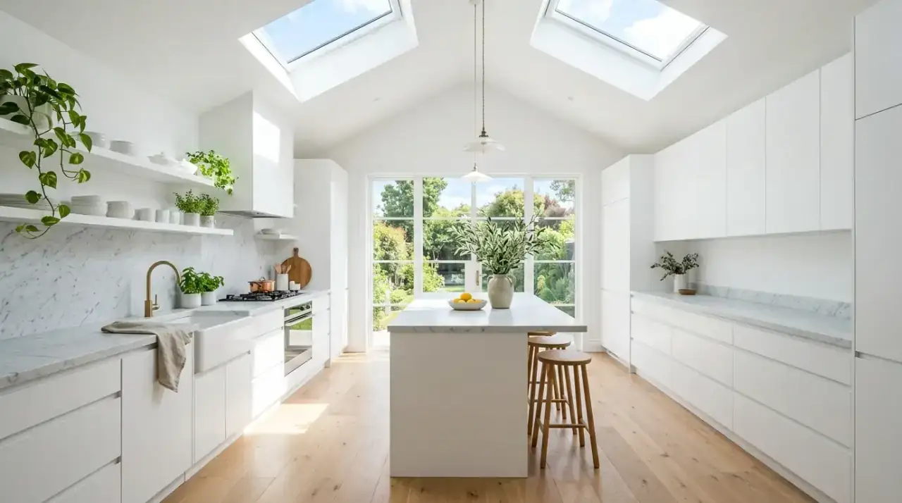 Bright white kitchen overview. Timeless classic kitchen design balancing brightness, warmth, and everyday comfort.