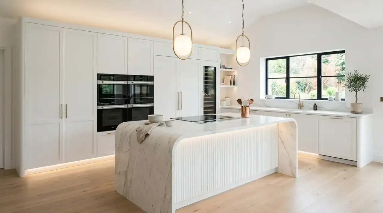 Classic white kitchen design. Layered bright kitchen design that feels timeless, polished, and warmly livable.