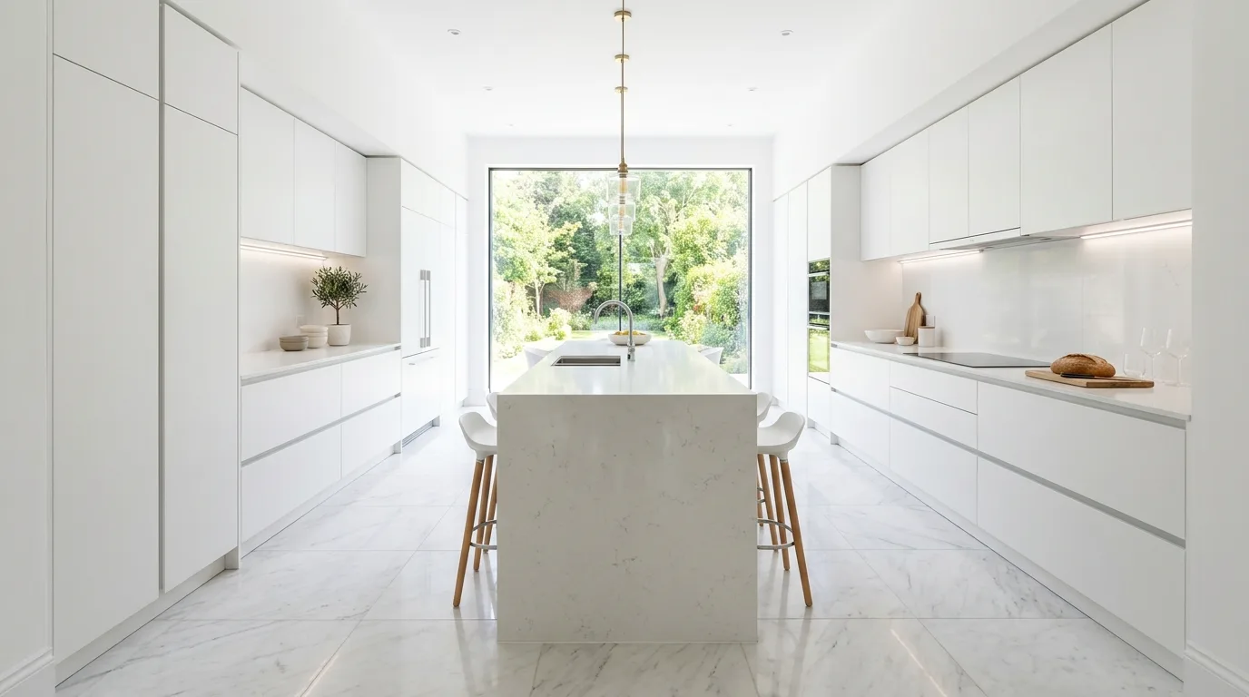 Bright white kitchen flooring creating a clean and airy foundation for the room.