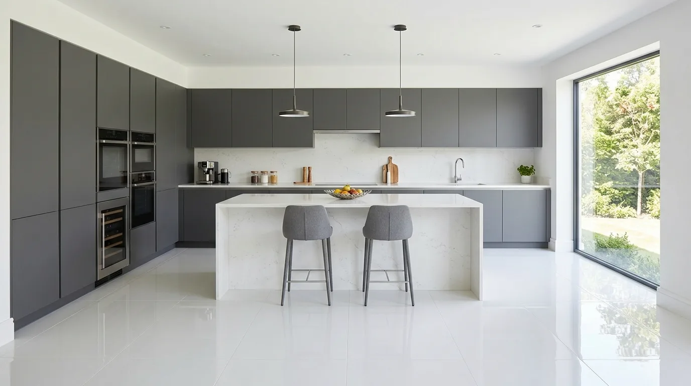 White stone-look kitchen flooring. Textured bright flooring adding a natural clean foundation.