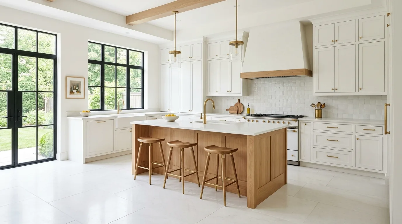 Warm white kitchen flooring with cream cabinets. Soft bright floor color supporting a welcoming kitchen palette.