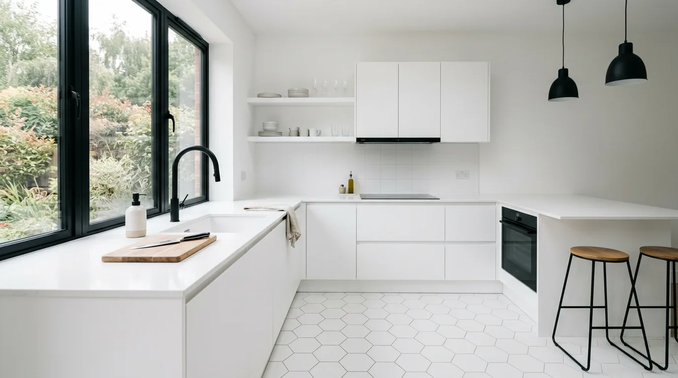 Glossy white kitchen floor. Reflective flooring helping the kitchen feel brighter and more open.