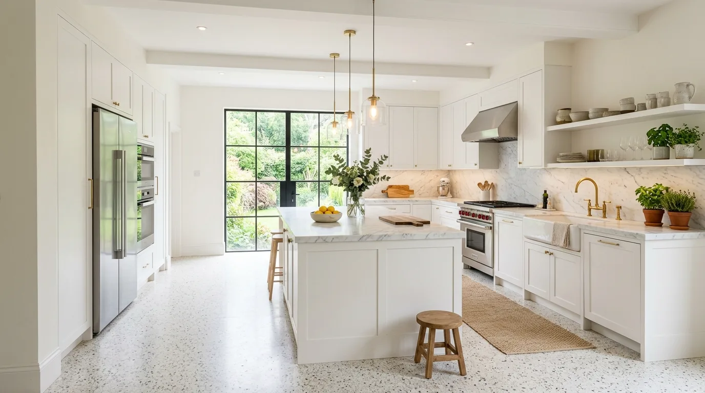 Matte white kitchen flooring. Soft modern white floor creating a calm and clean foundation.