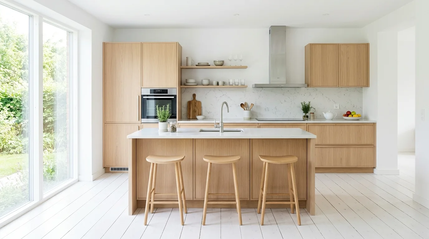 White herringbone kitchen flooring. Classic patterned white floor bringing movement to a bright kitchen.