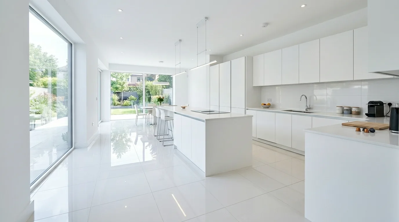 White kitchen floor with black accents. Bright flooring balancing stronger dark details in the kitchen.