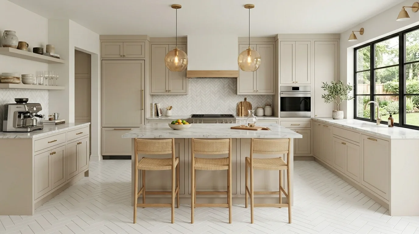 White-washed wood-look kitchen flooring. Bright textured floor adding relaxed warmth under the kitchen.