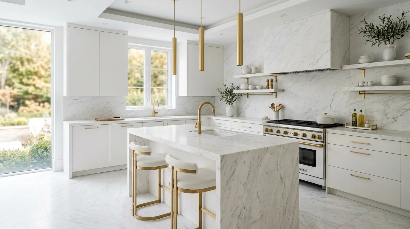 White and grey kitchen flooring. Softly varied bright floor balancing cleanliness with everyday practicality.