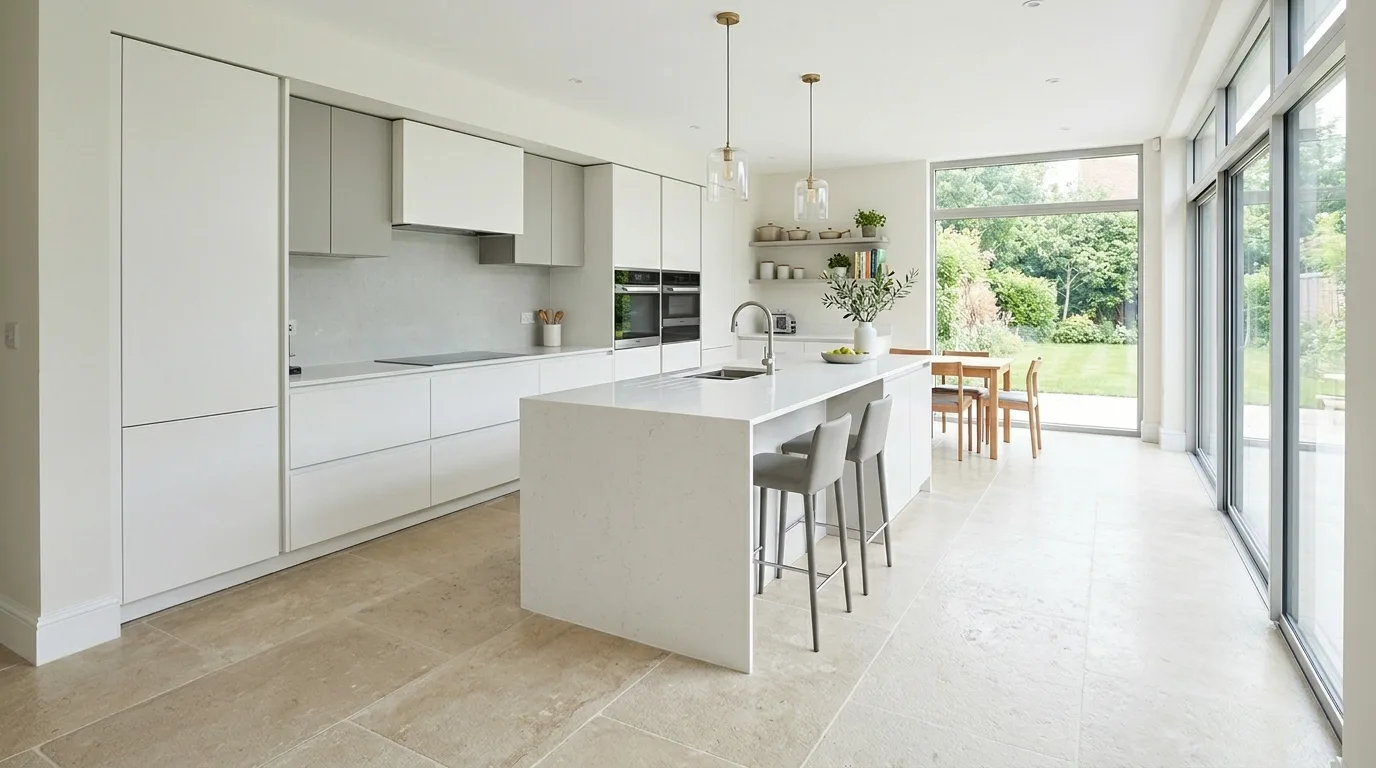 White flooring under colorful kitchen cabinets. Clean bright base supporting more expressive kitchen colors.