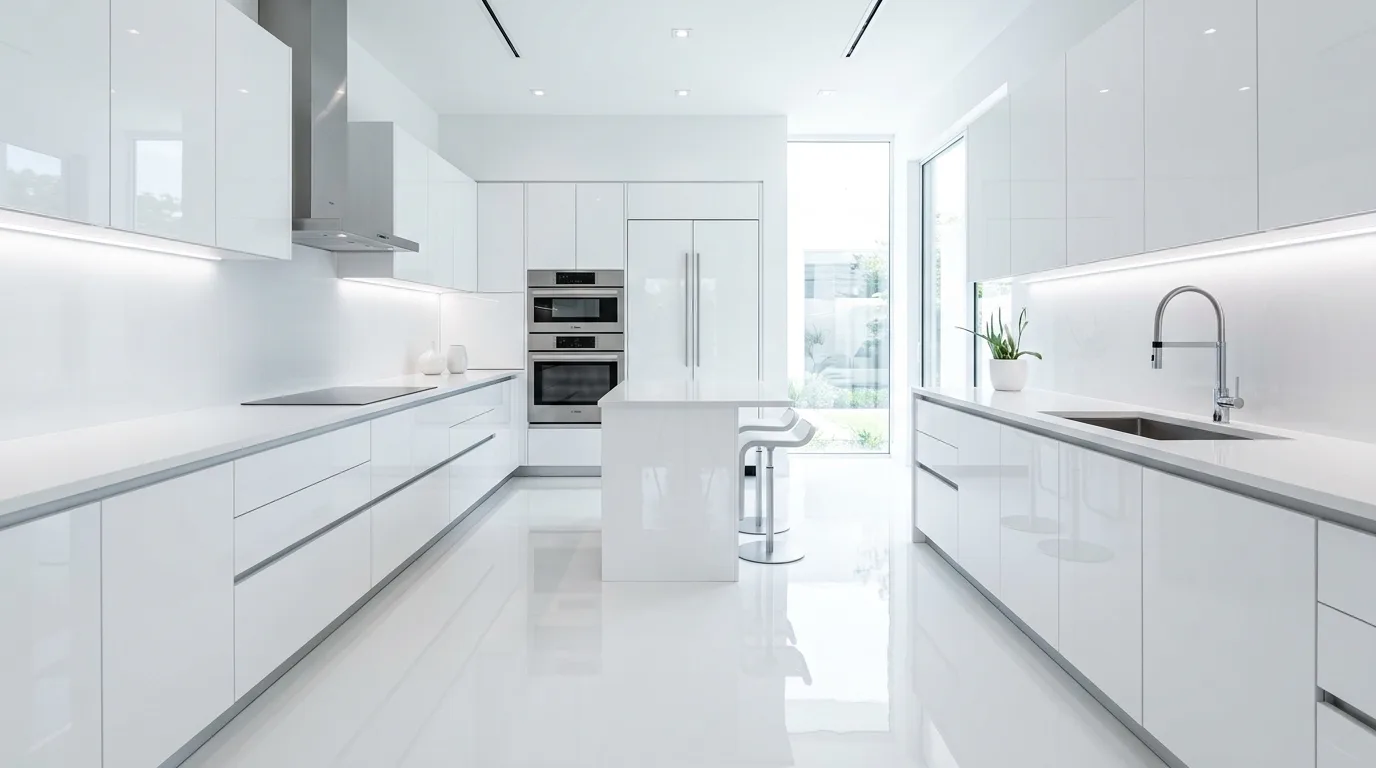 White flooring in small kitchen. Bright clean floor helping a compact cookspace feel larger.