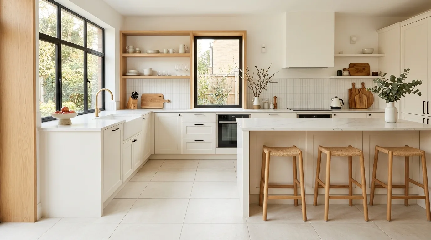 White kitchen floor with warm wood and brass. Bright flooring balanced by warmer kitchen materials and accents.