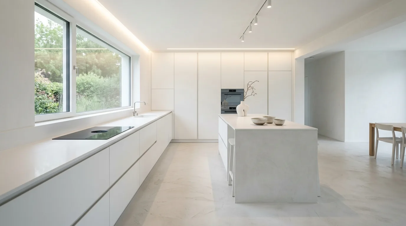 Patterned white tile kitchen floor. Subtle floor pattern adding personality to a bright clean kitchen.