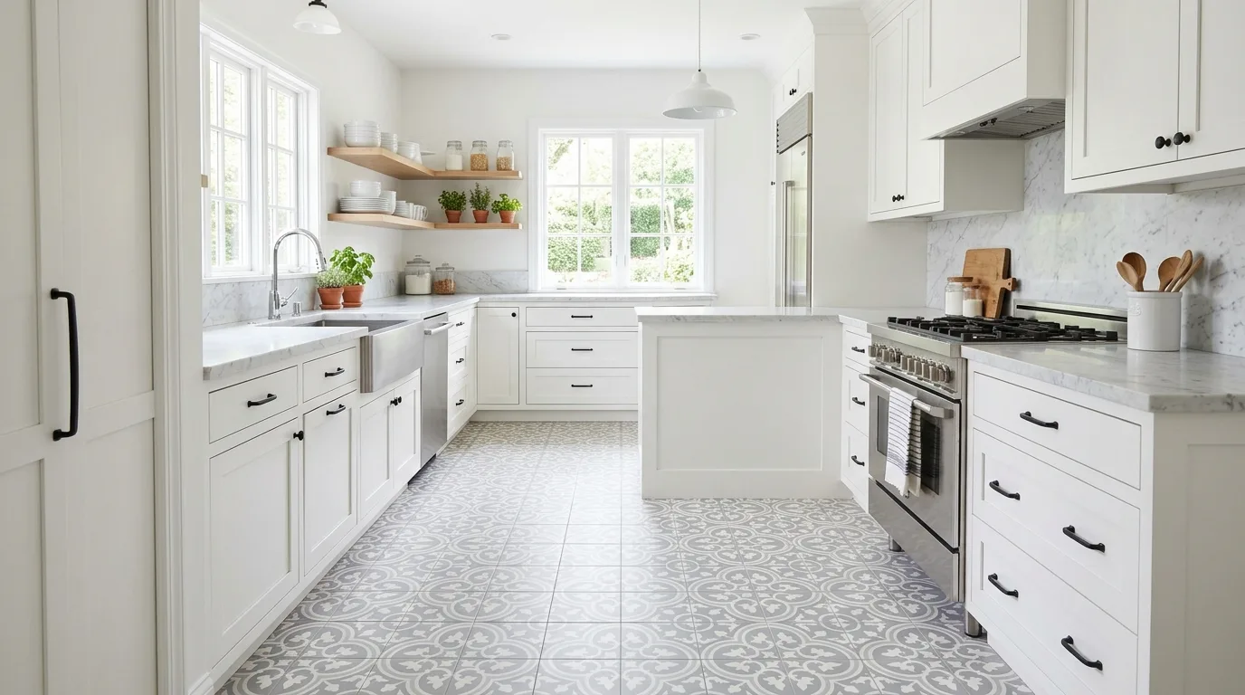 White kitchen flooring supporting the whole design. Bright foundation tying together the entire kitchen palette.
