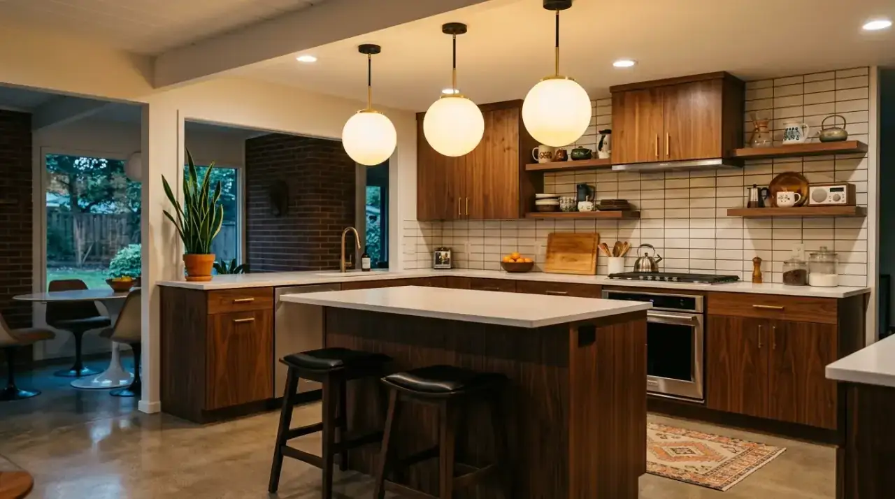 Brilliant mid-century modern kitchen lighting idea creating a warm retro glow.