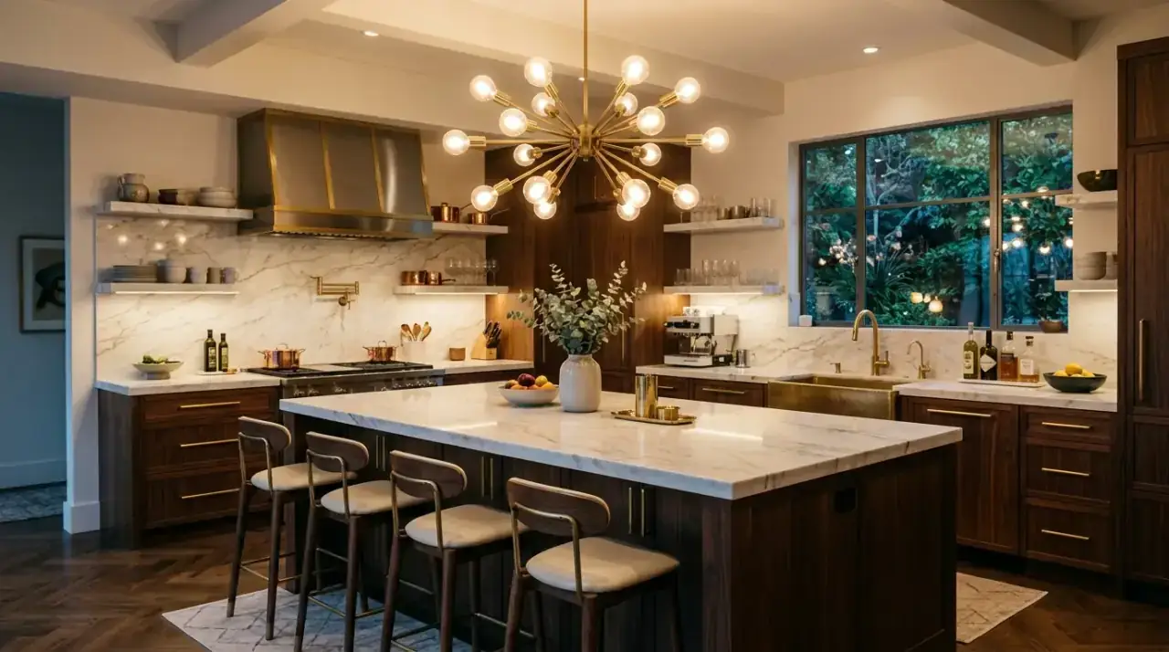 Brass kitchen lighting mid-century. Warm metal lighting helping a retro kitchen feel more polished and cozy.