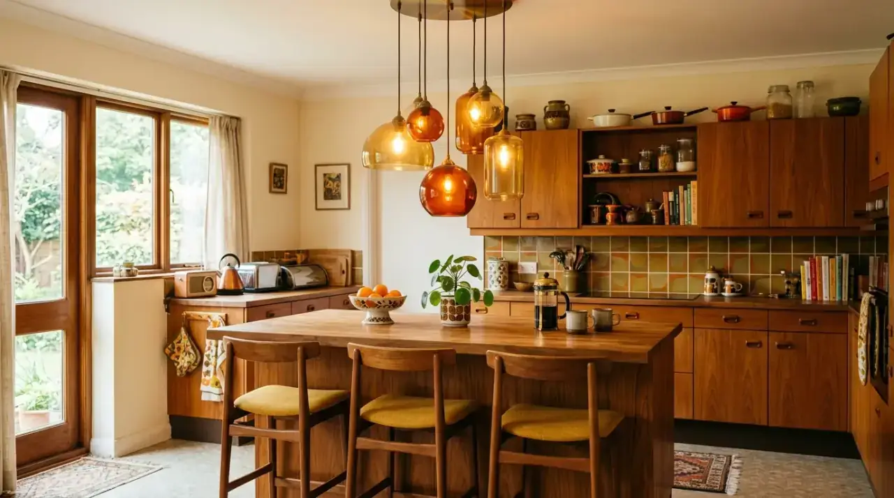 Cone shade mid-century kitchen lights. Retro-inspired fixture shapes reinforcing the clean lines of the kitchen.