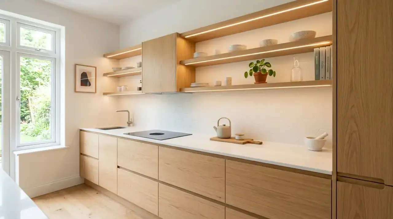 Under-cabinet mid-century kitchen lighting. Practical light layer improving prep visibility in a warm retro kitchen.