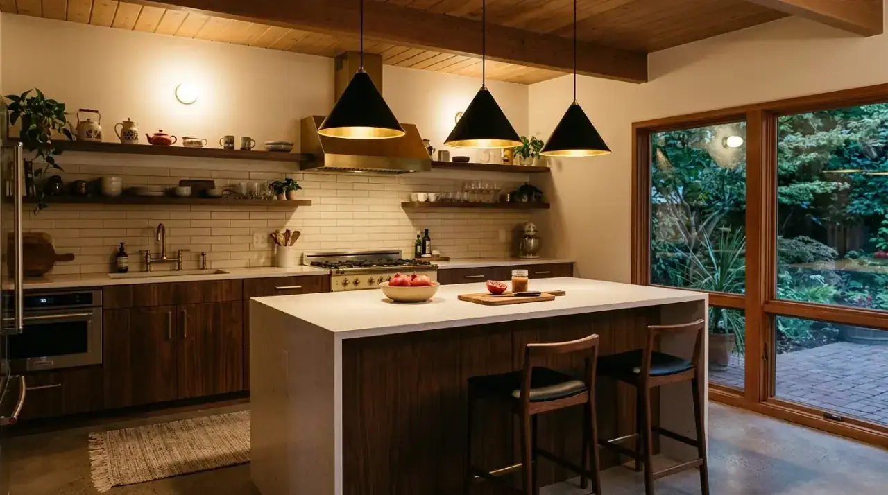 Statement lighting over kitchen nook. Sculptural fixture giving the retro kitchen a stronger gathering focal point.
