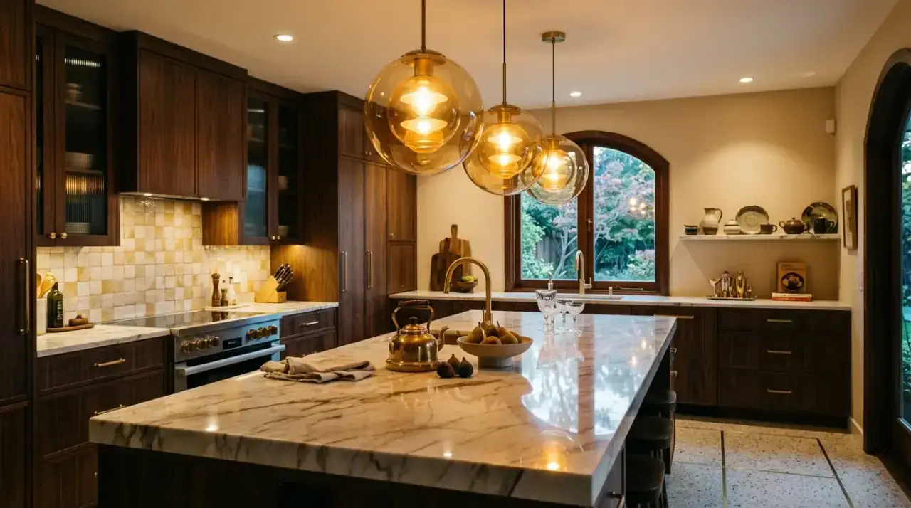 Warm bulbs mid-century kitchen. Simple bulb change bringing a richer and more flattering glow to the kitchen.
