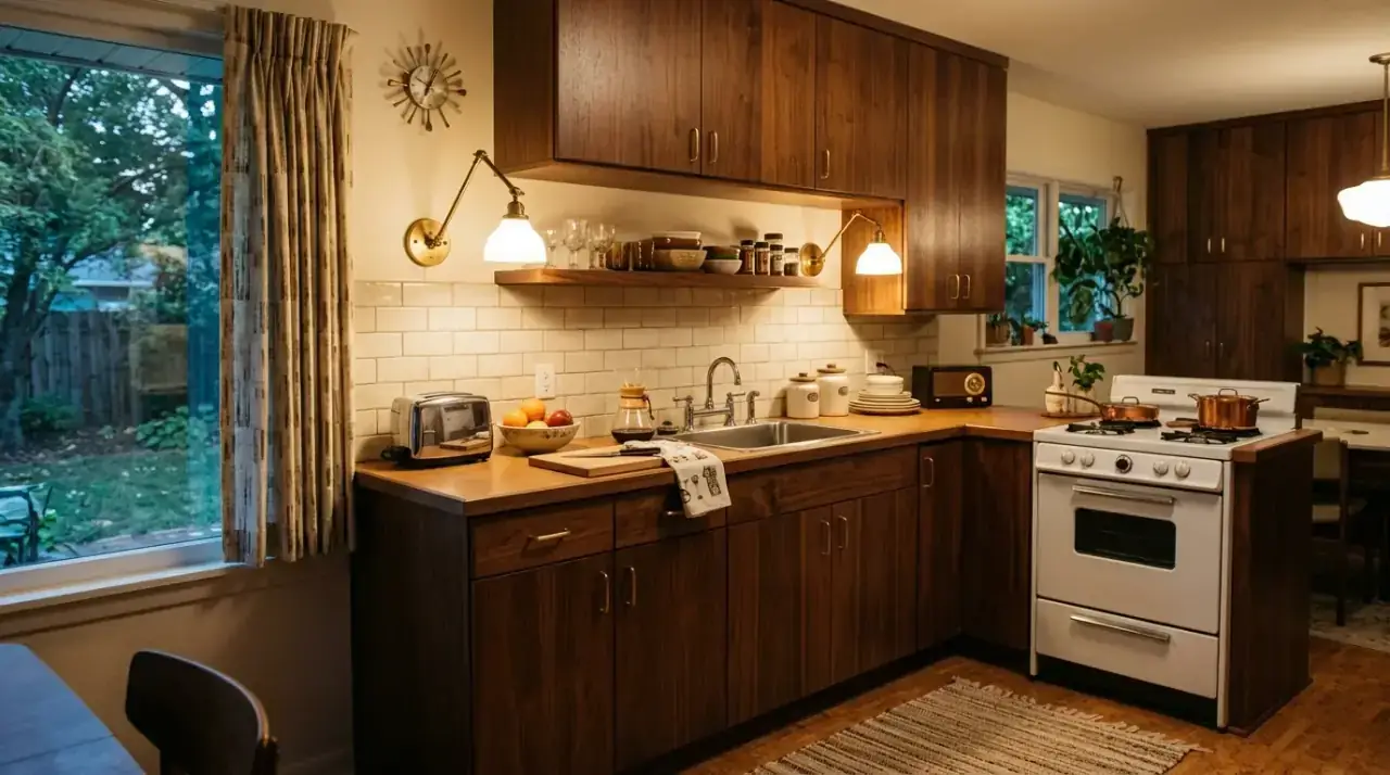 Mid-century kitchen sconces. Additional wall lighting deepening the warm retro mood of the kitchen.