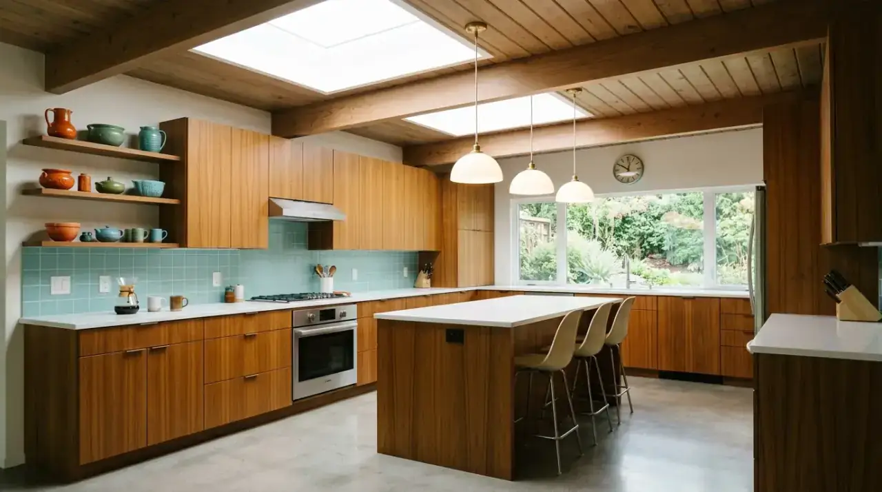 Black and brass kitchen lighting. Stronger fixture contrast giving the retro kitchen more definition.