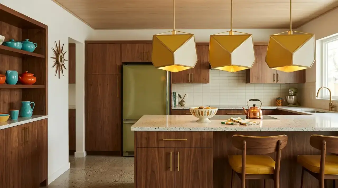 Coordinated mid-century kitchen lighting. Fixture forms echoing furniture lines for a more cohesive retro kitchen.