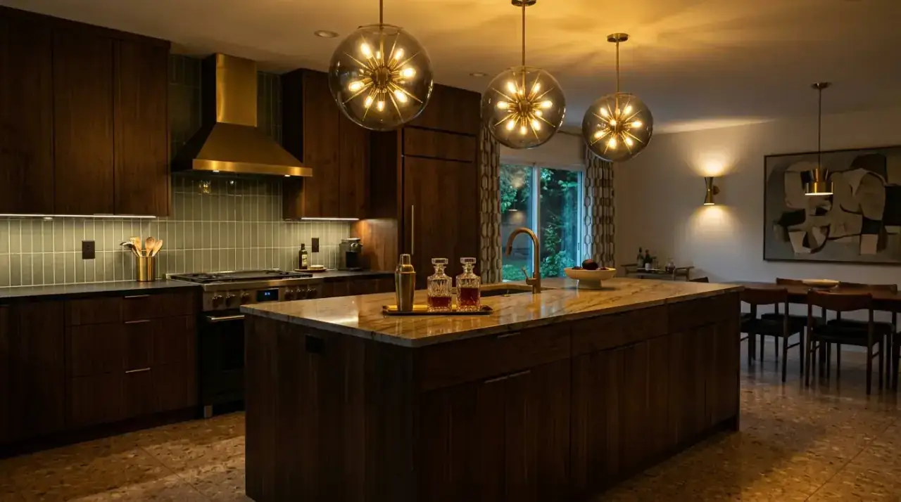 Dimmer lighting in kitchen. Flexible light control helping a retro-modern kitchen shift beautifully through the day.