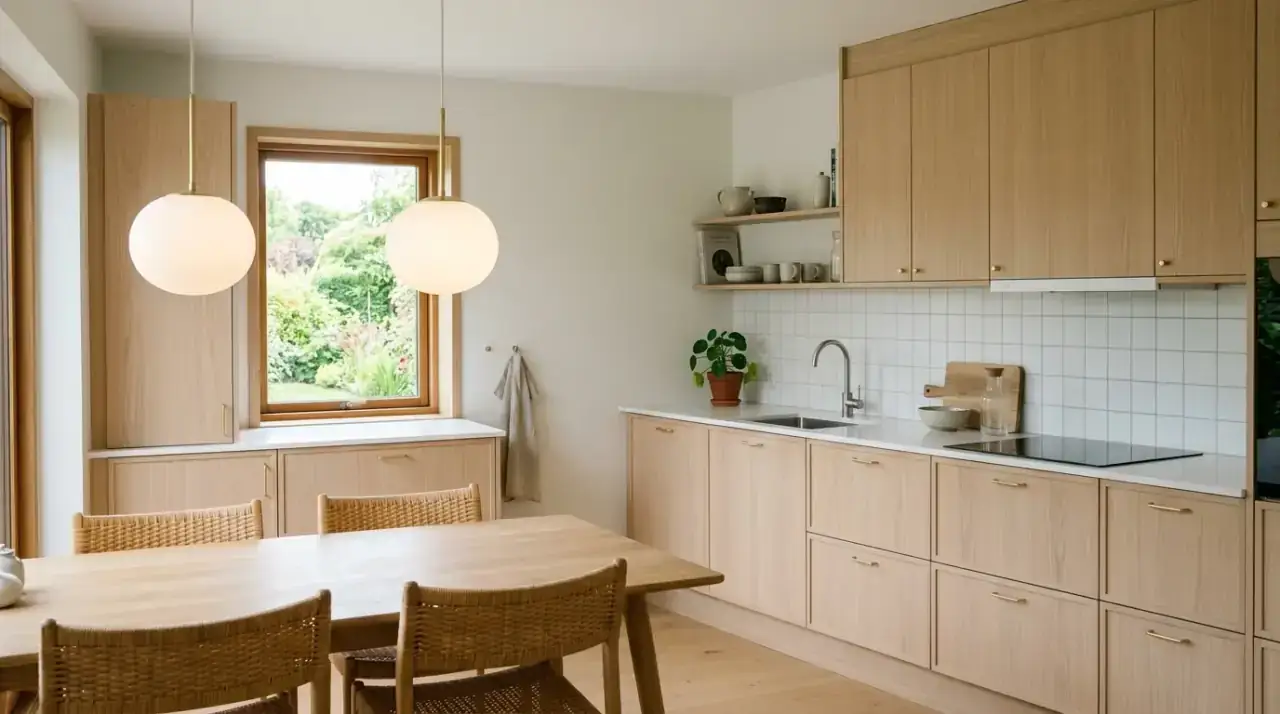 Glass shades mid-century kitchen. Lighter fixture material helping the kitchen feel open while staying retro.