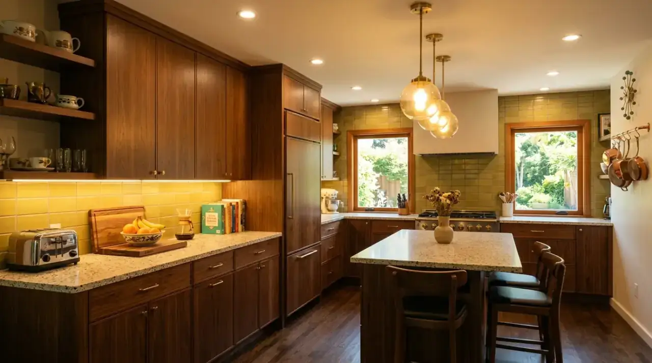 Layered mid-century kitchen lighting. Multiple lighting types balancing style with real kitchen function.