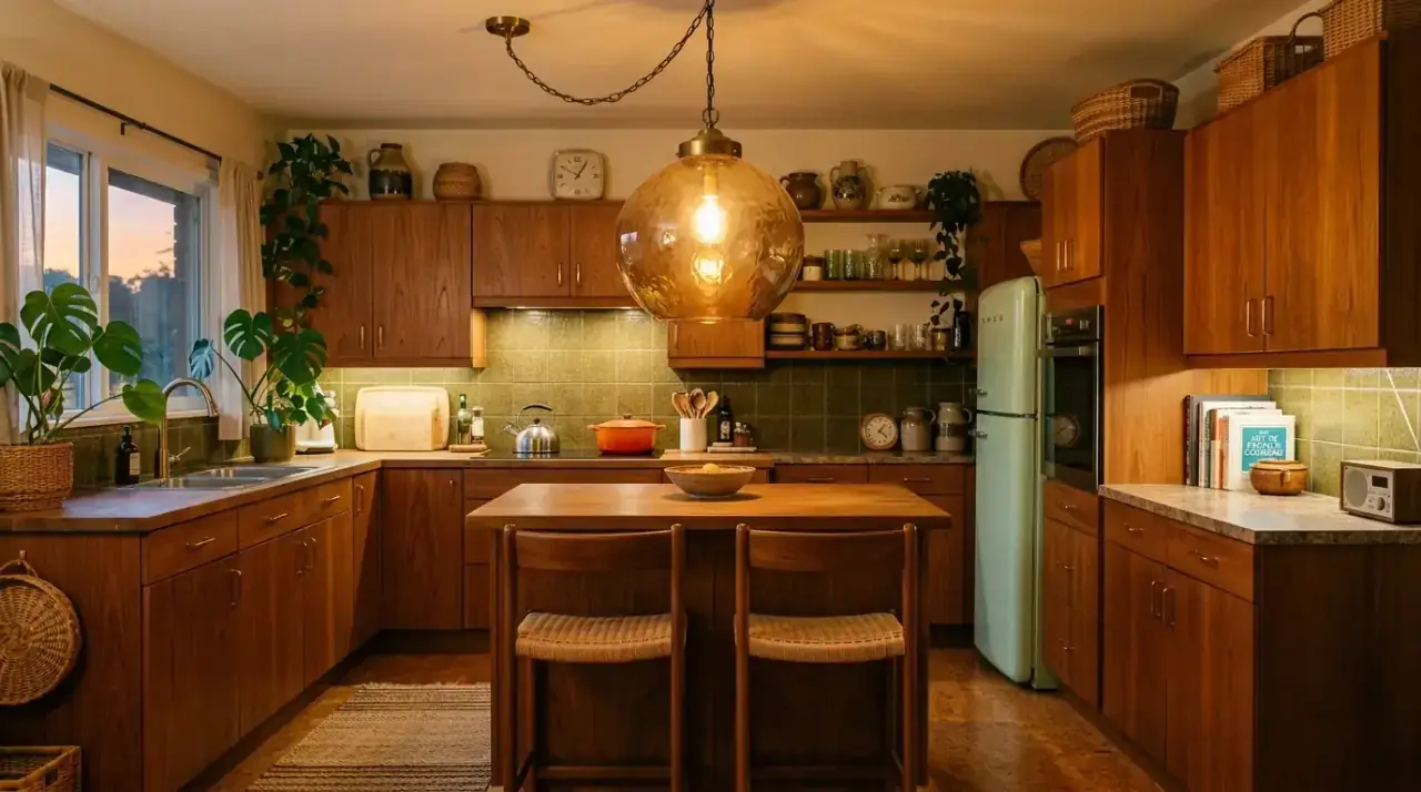 Mid-century kitchen lighting overview. Warm layered lighting bringing retro style and comfort together beautifully.