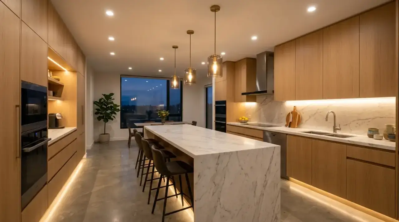 Modern kitchen with brilliant layered lighting designed for every zone.