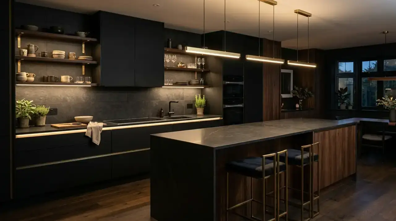 Recessed kitchen lighting. Clean ceiling lighting giving modern kitchens even everyday illumination.