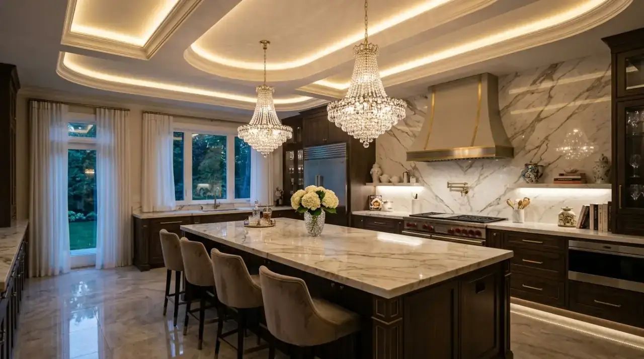 Shelf lighting in modern kitchen. Accent illumination adding depth to open or glass-front kitchen storage.