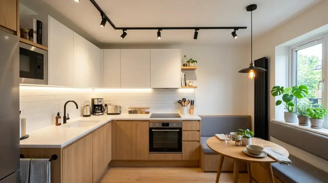Wall sconces in modern kitchen. Layered wall lighting adding softness to a contemporary kitchen.