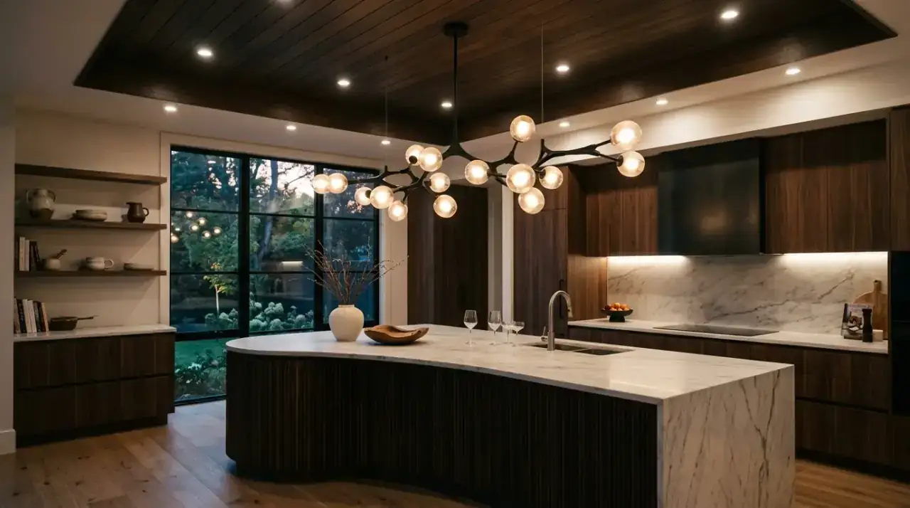 Glass pendants modern kitchen. Lightweight fixture choice helping a modern kitchen stay visually open.