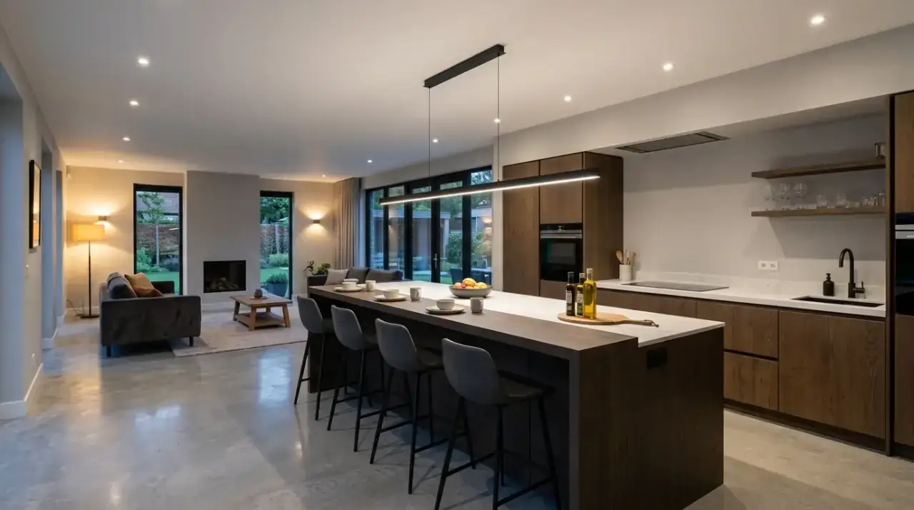 Peninsula lighting kitchen. Focused fixture helping define an additional modern kitchen work zone.