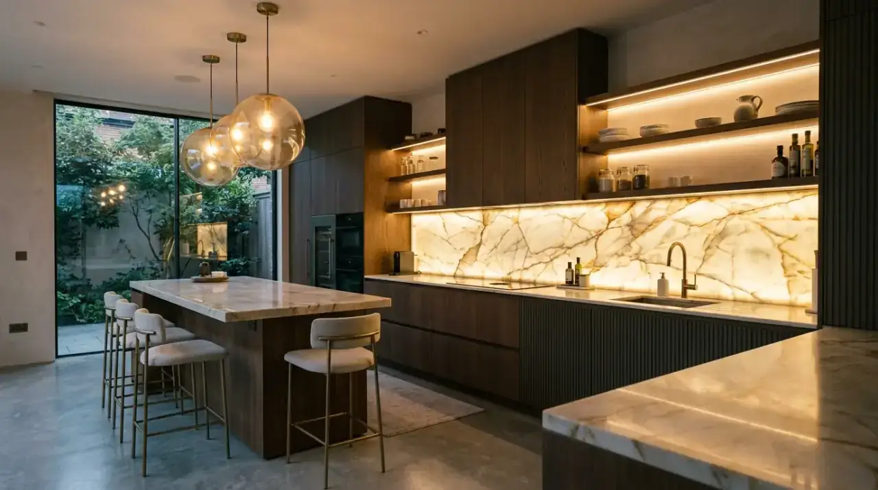 Accent lighting modern kitchen. Subtle light enhancing architectural and material features in the kitchen.