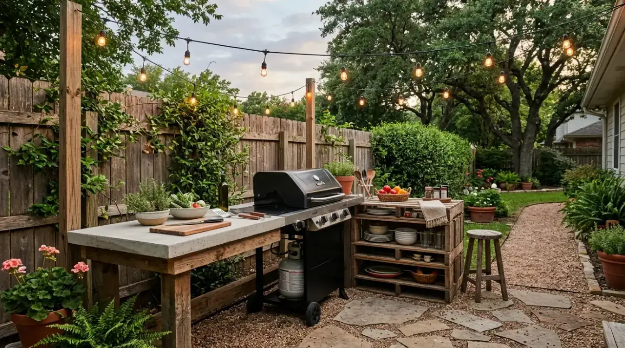 Budget outdoor kitchen designed for backyard cooking with simple affordable materials and layout.