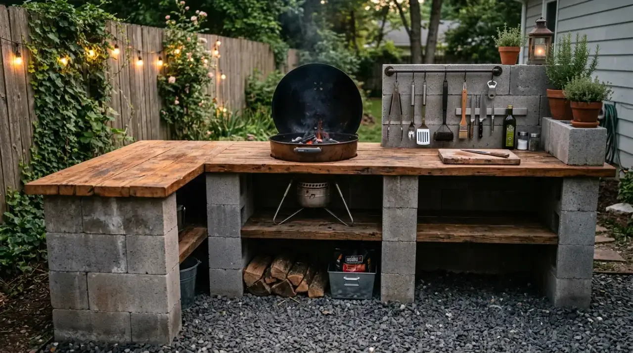 Concrete block outdoor kitchen. Budget-friendly base construction supporting backyard cooking.
