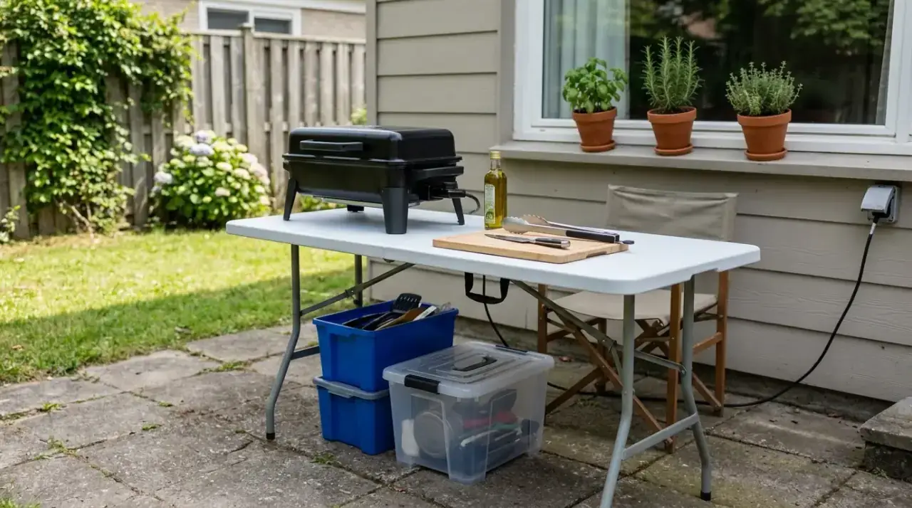 Repurposed furniture in outdoor kitchen. Low-cost prep station created from practical reused furniture.