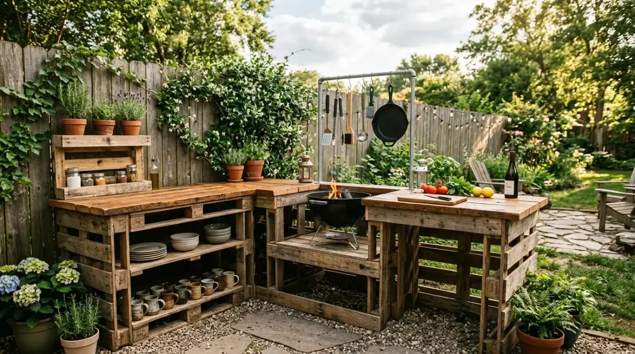 Gravel base for outdoor kitchen. Affordable ground treatment defining a budget backyard cooking zone.