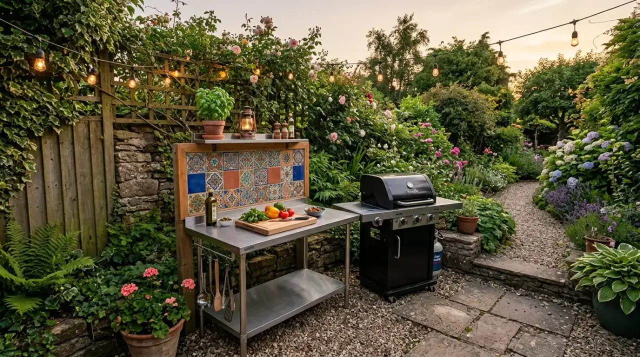 Shade over budget outdoor kitchen. Simple shelter improving comfort in a backyard cooking area.