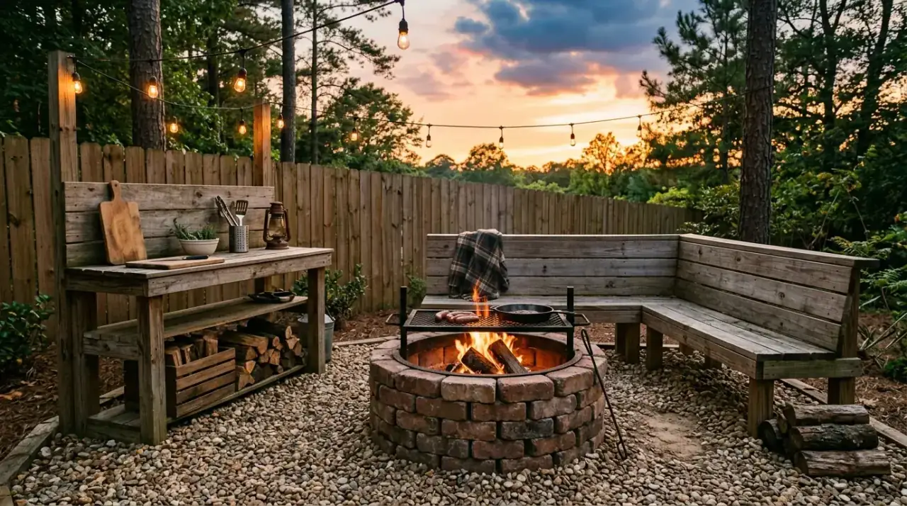 Open shelving in budget outdoor kitchen. Affordable storage helping a backyard cooking space stay organized.
